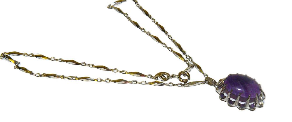 Vtg P&F Amethyst Pendant Necklace Silver Tone Chain 16" Amethyst Pendant ~ 1"